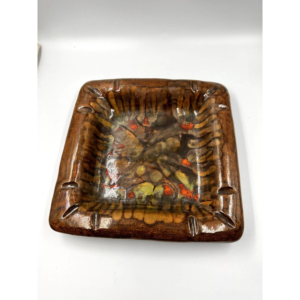 Vintage MCM Ceramic Ashtray Brown Multi Color 12" Square Cigar Ashtray